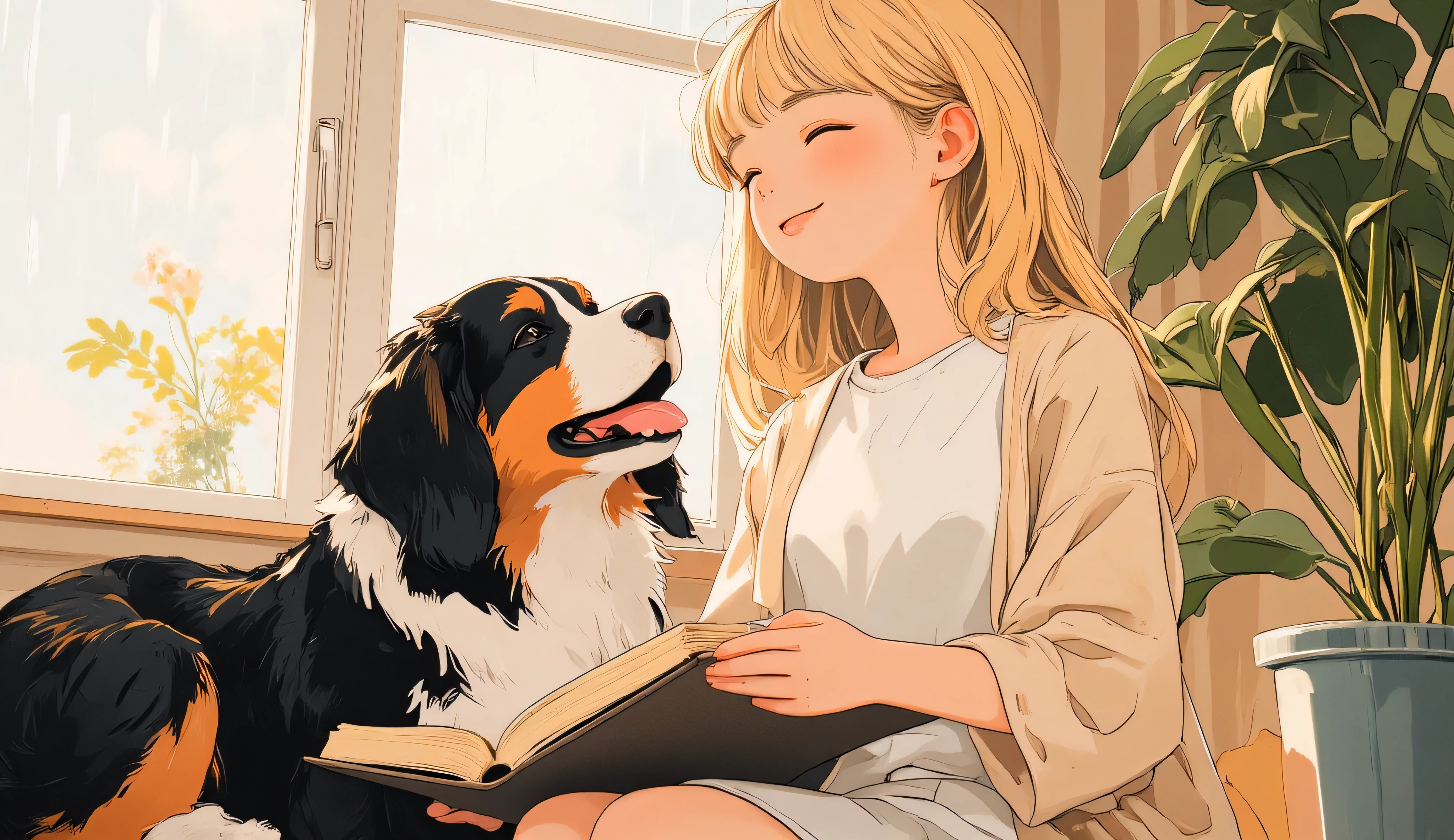 Anime-style illustration, mid-closeup of a cheerful blonde woman with straight shoulder-length hair, wearing a soft beige cardigan over a white tee, smiling gently with eyes closed while holding an open book. Beside her, a happy Bernese Mountain Dog (black/white/brown) rests its head on her lap, eyes smiling. Background: cozy windowsill with light rain outside, potted plant and curtain edge visible, warm tones, no text.


