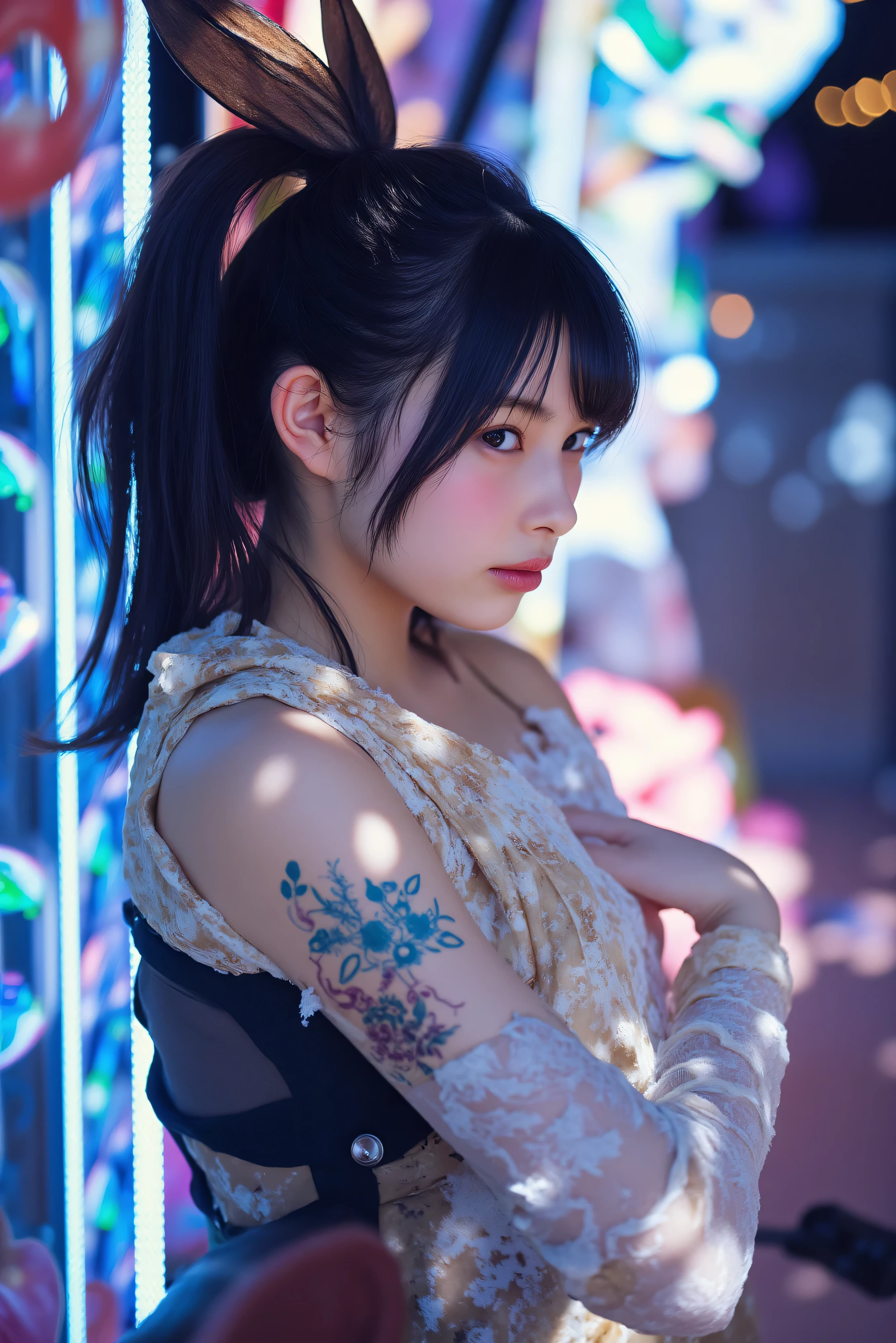 ((masutepiece)), ((Best Quality)), (Ultra-detailed), ((Extremely detailed)), 4K, (8K), Best Quality, (Beautiful), city, backstreet, Winters, Cute little girl s, 1girl in, Solo, Rock punk, The costume, Beautiful light blue hair 0, ((Beautiful eyes)), large full breasts,
