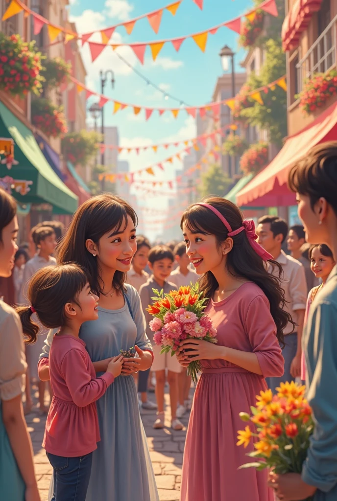 A Korean , FIVE years old, beautiful, gentle, with her beautiful mother, TWENTY FIVE years old. The waved to her mother. They were in a mall, a doll shop.