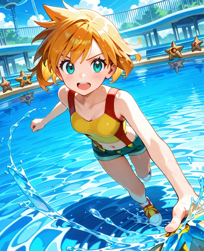 In a Lillie pond a waternympf with a small blond midget German spitz swimming under water swim gold fish, Pixar style