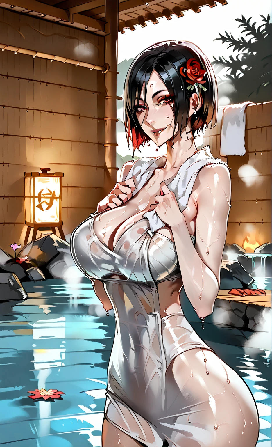 masutepiece, Fine detail, 4K, 8K, 12K, Solo, 1 person, Beautiful Girl, caucasian female, Kongala, Black hair, Ponytail, spiky hair, Naked, Towel wrapped around the body, Taking a bath, Big breasts
