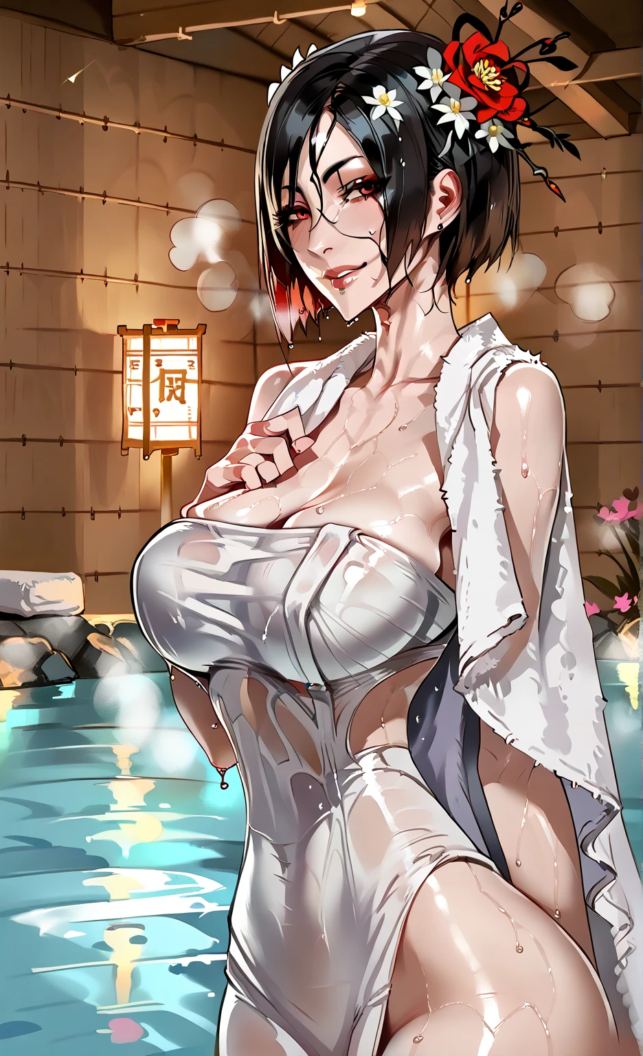 1women, (intricate details, depth of field), detailed eyes, perfect face, Black bob cut hair, purple eyes, pale skin, seductive pose, muscular abs, muscular build, big butt, wide hips, attractive hips, strong thick thighs, thick, voluptuous, big breasts, alluring, seductive, night, provocative, hot springs, very hot, steam, white translucent wet towel, hakama, sake, drinking, sweaty, wet, butterfly shape gold hairpin, blush, smirk,