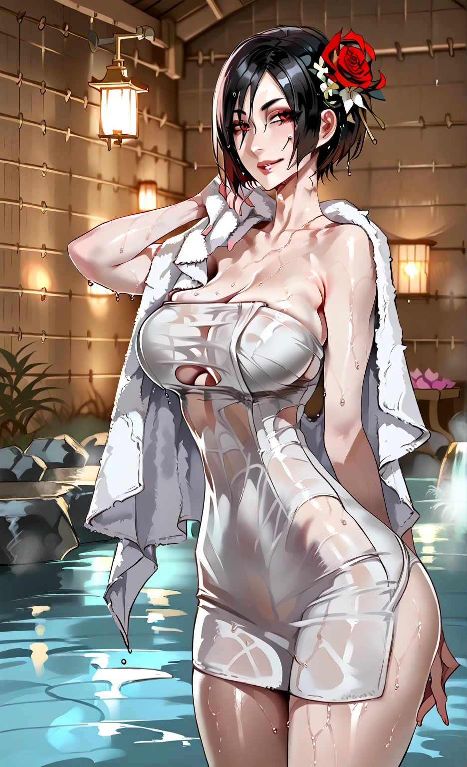 Masterpiece,8k,best quality,sun rays,one person,on photoshoot,posing for the camera,Rukia Kuchiki,touches her breasts, showing breasts,turquoise blue eyes with highlights,tired face,black hair,fit body,in good physical shape,sweat,naked, topless, medium breasts,neat nipples, bottomless ,no panties (Background: photo studio,white room, table,White wallpapers)