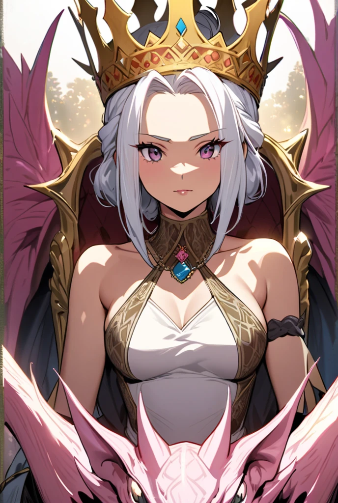 Kaira is a goddess with 6 white angelic wings, a giant golden helmet on her back, white hair, bright purple eyes, blue skin, with tribal symbols on her body.