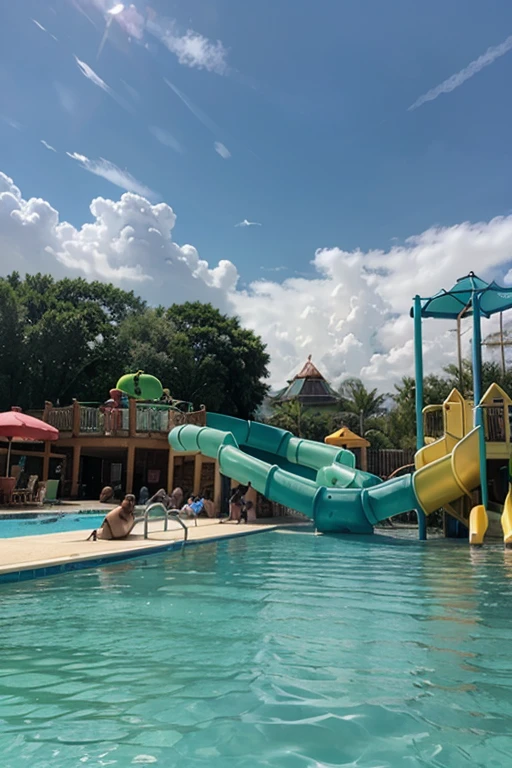 Create a highly realistic scene of a 13-year-old Italian girl sunbathing in a bikini at a lively water park on a sunny day.

 The girl is lying on a brightly colored beach towel spread on the grass. She has shoulder-length brown hair that falls loosely over her shoulders. Wear a stylish bikini, the top and bottom in complementary colors or patterns. His posture is relaxed, one arm resting behind your head and the other holding a bottle of sunscreen or a refreshing drink. His expression is happy and peaceful as he enjoys the warm sun.
 Around her, the water park is full of activities. Families and groups of friends are spread out on towels and deck chairs, some set up picnic areas with refrigerators and umbrellas. The children run, they play and splash in the shallow waters of the nearby pools.
 The interesting features of the water park are visible in the background: tall and twisting water slides, splash pads and colorful play structures. The bright blue sky is dotted with some fluffy clouds and the sun is shining brightly, casting a warm light over the entire scene.

This scene captures the essence of a fun and relaxing day at the water park, with the girl enjoying her time sunbathing in a lively and vibrant atmosphere. The detailed setting and the girl&#39;s relaxed pose create a real atmosphere