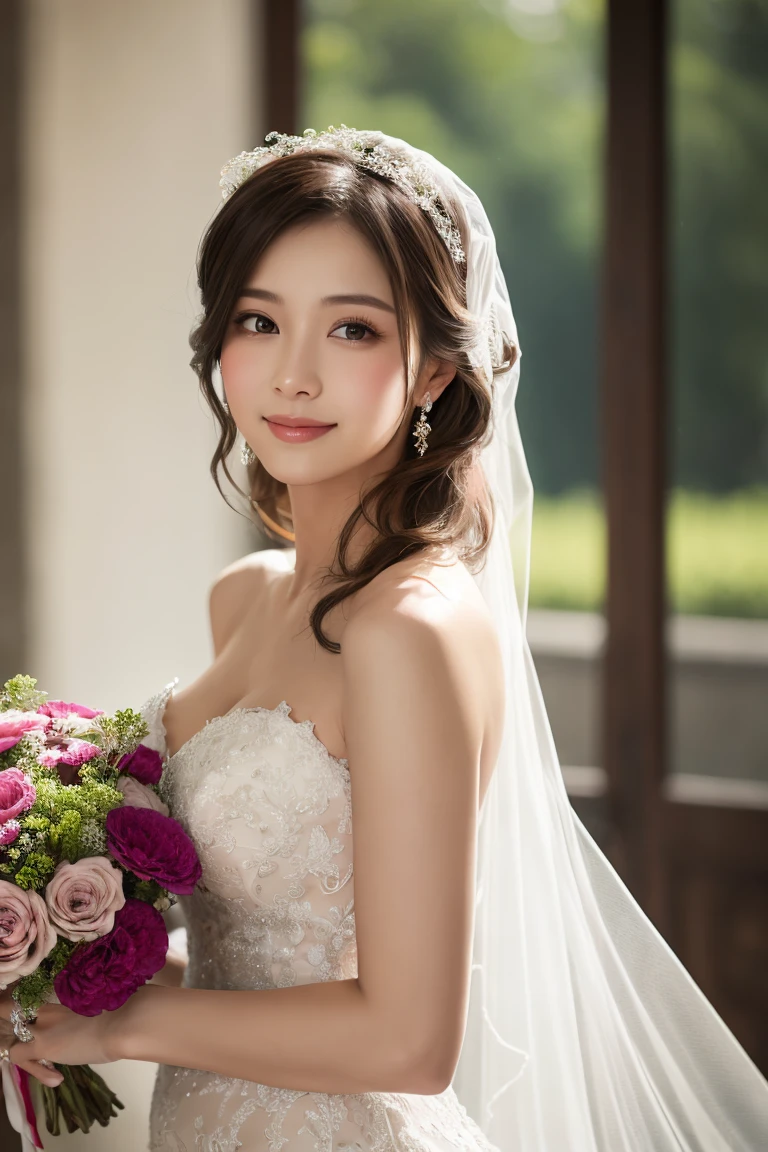labios ligeramente abiertos, wedding dress,bride,waiting for love,beautiful detailed eyes,beautiful detailed lips,extremely detailed eyes and face,long eyelashes,fairy tale atmosphere,soft lighting,romantic mood,stunning background,flowers,dreamy colors,emotional expression,romantic pose,blurred background,shimmering veil,delicate lace,sparkling tiara,elegant hairstyle,vintage decor,vintage furniture,ethereal atmosphere,gentle breeze,whispering trees,lovely smile,anticipation,heartfelt emotions,gentle and loving,graceful movements,soft and gentle touch,warm and tender moment,romantic atmosphere,photorealistic masterpiece,highest quality 4k resolution,studio lighting,vivid colors