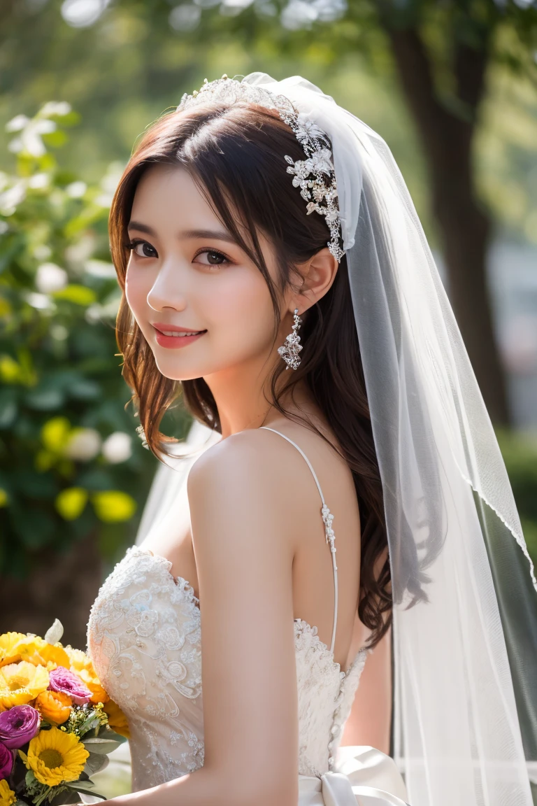 Turbulent posture, (very delicate and beautiful work), (masterpiece), 1girl, girl in wedding dress with small flowers on her head, church front veil, lace, high definition, ridiculous, charming expression, smile, beautiful clear eyes, green eyes, delicate necklace, delicate earrings, full body,  background blur, ultra-fine depiction, beautiful, attractive, ultra-fine painting, delicate face, delicate figure, thin collarbone, nice lips, beauty big, soft back, mix4, (8k, RAW photos, top quality), masterpiece: 1.2), (realistic, photorealistic: 1.37), one girl, cute, professional lighting, photon mapping, radiosity, physically based rendering