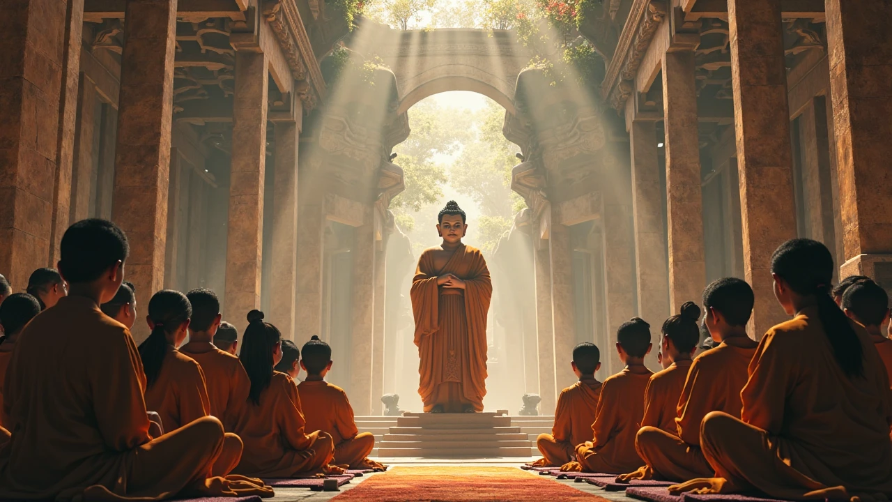 Thai people sit and pay respect to the Buddha in the center of the picture.,Scene at the forest temple ,Real picture