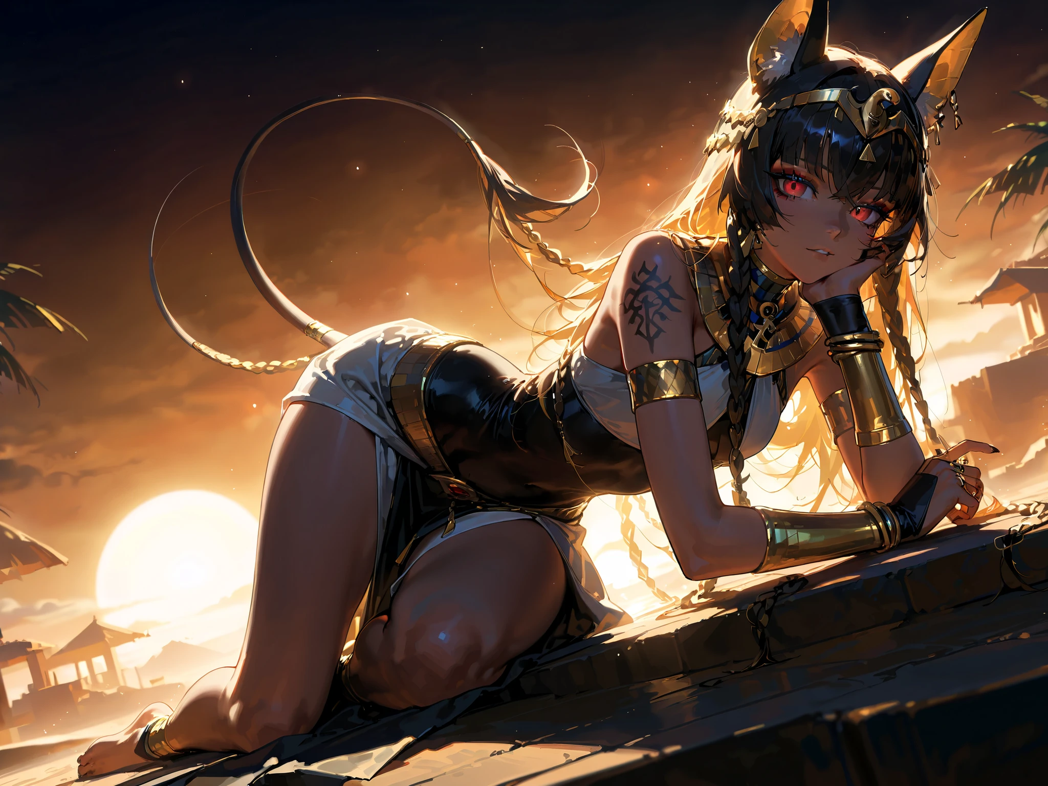 (High quality CT,4K,High resolution,main part:2.3),Very detailed,realistic:1.37,Best quality,masterpiece, high resolution,on_body, Tyndall effect,photorealistic, edge lighting, Two-color backlight,(high definition of skin:2.3), (8K UHD, DSLR quality, soft lighting, high quality, surround lighting, sincere, de 8K , 4k, 8K.) An Egyptian princess. A girl with an elegant slim build, a narrow waist, and small almost flat breasts. She has white skin with Egyptian tattoos. She has red eyes. She has Egyptian makeup: blue eye shadow, black Egyptian eyeliner with eye of Horus. She has a black Egyptian square wig on her head, consisting of many braids decorated with gold beads. On her head she wears an Egyptian tiara with a lotuses. She is wearing a white Egyptian tight Kalazaris dress. on her neck she has a wide collar consisting of many rows of gold beads made of colored Egyptian gold. She has ankh-shaped earrings in her jackal ears on her head. She has gold rings on each finger, and rows of gold bracelets on her wrists and ankles. She's barefoot. She has black thin tail with gold piercing. IN the background: an Egyptian temple surrounded by an oasis, blooming palm trees, blooming tropical flowers. Egyptian pyramids, desert.