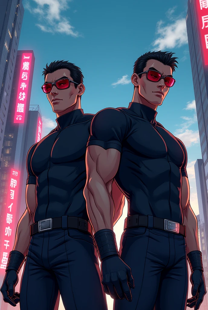 Special effects hero works、Two Men、Handsome 2、Very short hair、(justice(Victory)red+Zubat the Hero VS the Villain(negative)black+Dhaka - Fighters) Victorynegative Handsome 30 year old Very short hair、undercut between legs