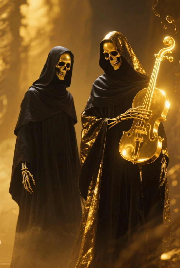 A grim reaper maneuvers a skeleton with strings like a marionette, behind the grim reaper an undead sexy woman on her knees who extends her hand imploringly towards him