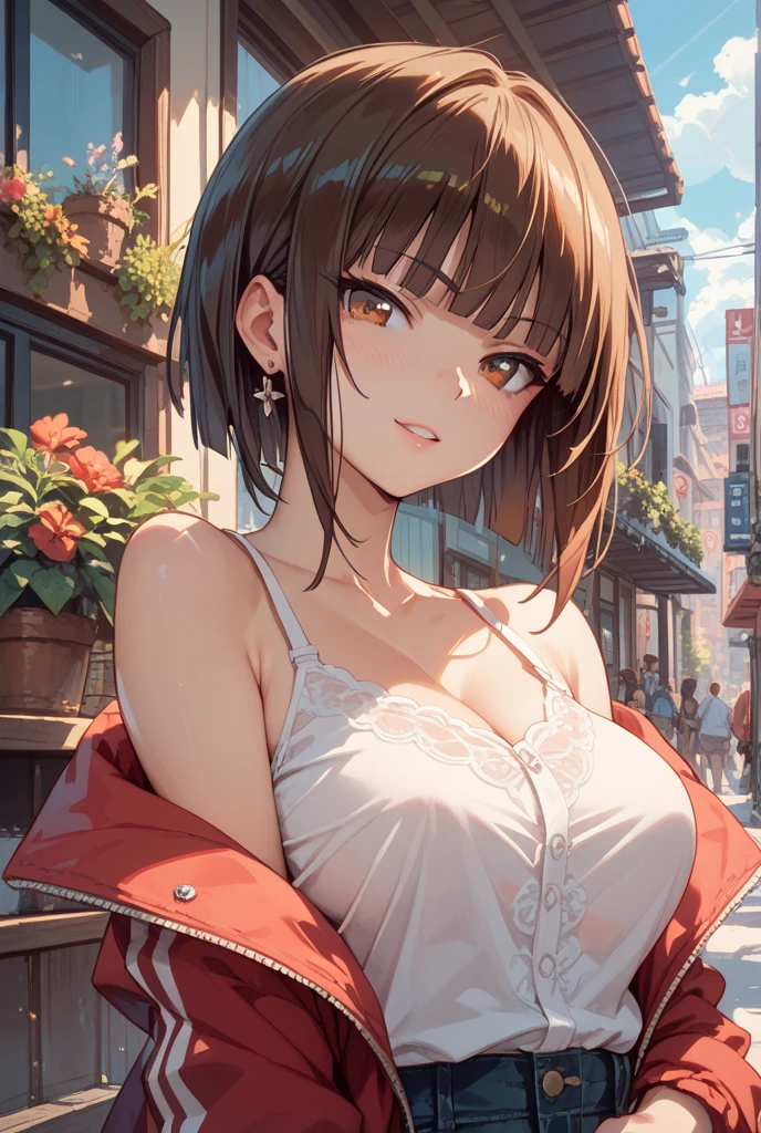 (masterpiece:1.3, top-quality, ultra high resolution, ultra detailed), (realistic, photorealistic:1.4), beautiful illustration, perfect lighting, natural lighting, depth of fields, 
beautiful detailed hair, beautiful detailed face, beautiful detailed eyes, beautiful clavicle, beautiful body, beautiful chest, beautiful thigh, beautiful legs, beautiful hands, 
looking at viewer, 1 girl, very cute girl, 16 year old, (perfect anatomy, anatomically correct), cute and symmetrical face, babyface, perfect face, perfect eyes, shiny skin, 
(long hair:1.8, side ponytail:1.1, maroon hair), bangs, black eyes, slant eyes, long eye lasher, (large breasts, juicy thighs, attractive thighs), 
(medieval european costumes, short sleeve shirt, cleavage, mini skirt, boots, belt), 
(beautiful scenery), summer, evening, soft sunlight, (medieval cityscape, crowd), (hand on chest), (cheeky smile), 