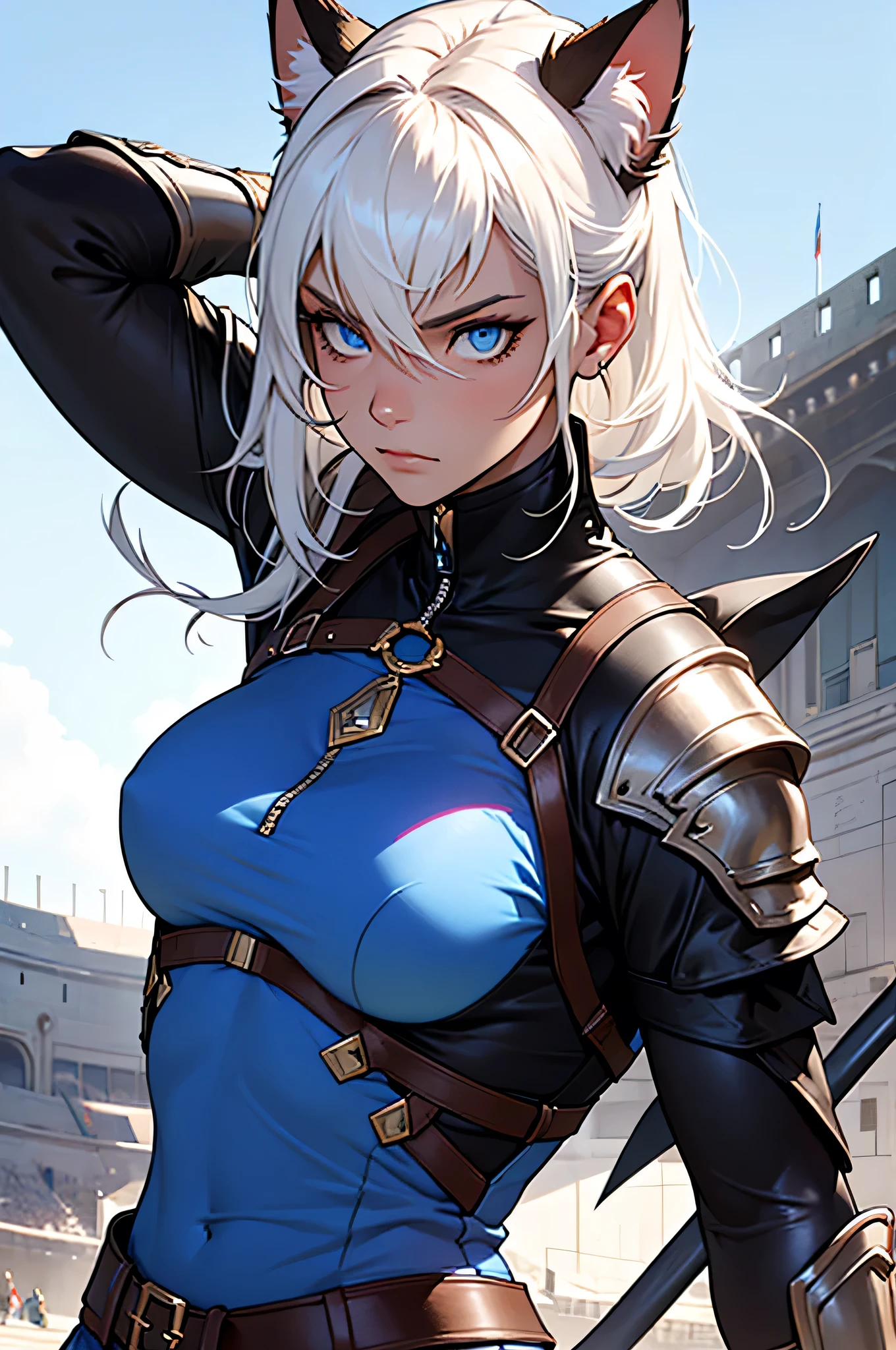 portrait, solo, half shot, looking at viewer, detailed background, detailed face, (<lyco:DecorationBundlev2:0.6>, SilverSapphireAI theme:1.1), gladiator,  charging,  determined,  chains, net, dark green gladiator armor,    arena in background, (crowd cheering in background:0.7),  blood, sunshine, legendary gladiatorial atmosphere,