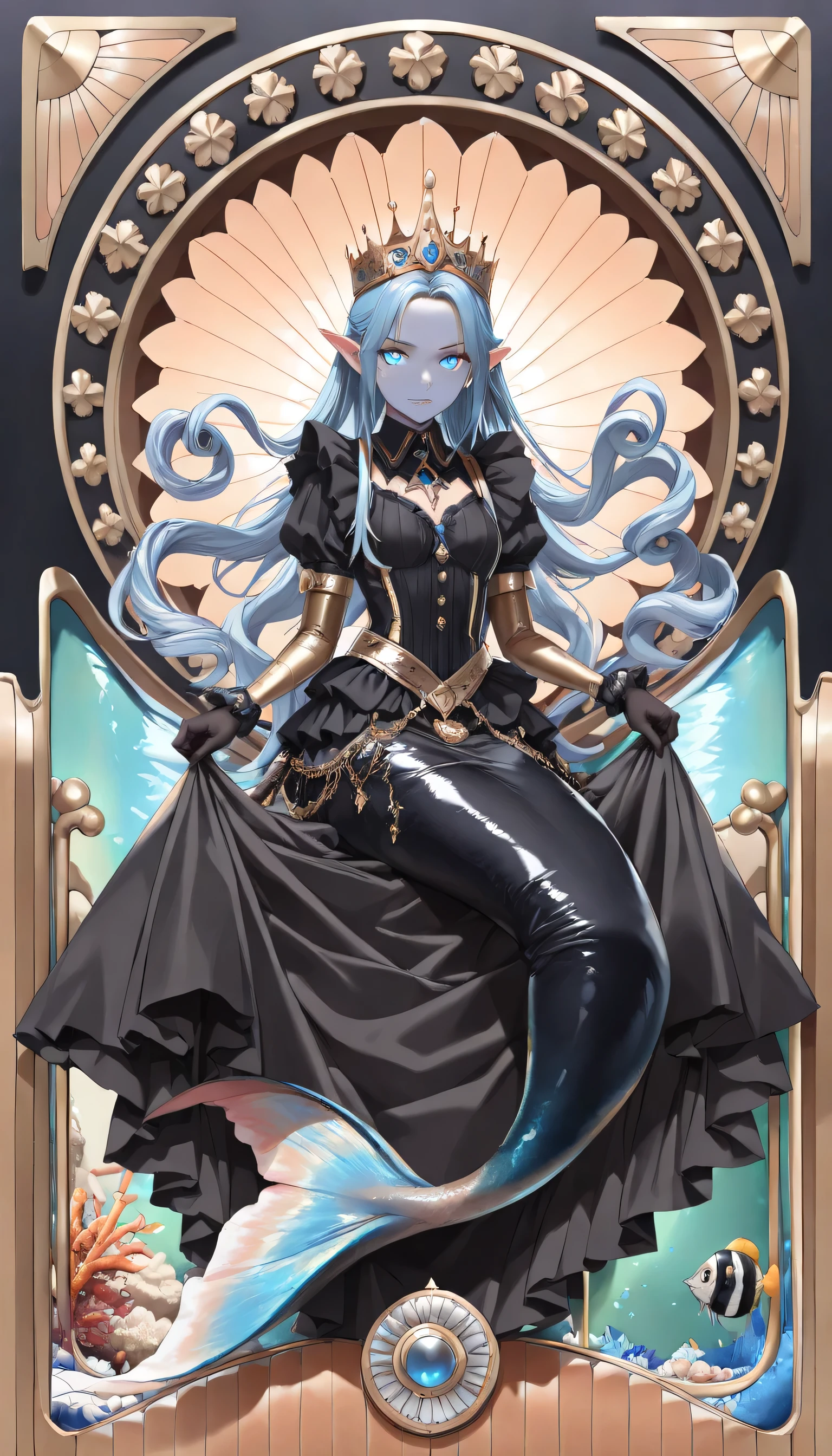 high details, best quality, 16k, ultra detailed, masterpiece, best quality, ((art deco style: 1.5)), full body, ultra wide shot, RAW, photorealistic, fantasy art, dnd art, rpg art, realistic art, an ultra wide picture of a mermaid princess in steampunk times, under the sea (intricate details, Masterpiece, best quality: 1.4) , female mermaid, (blue: 1.3) skin, (green: 1,3) hair, long hair, swirling hair, intense eyes, small pointed ears, ((blue eyes)), ((glowing eyes)), wearing (black:1.3) ((maid outfit)), she wears a crown  studded with gems(intricate details, Masterpiece, best quality: 1.4),  beautiful mermaid, you can see rich underwater life, fish, riff, dynamic fantasy blue beach background ((magical atmosphere)), high details, best quality, highres, ultra wide angle, ggmine, Dark Novel