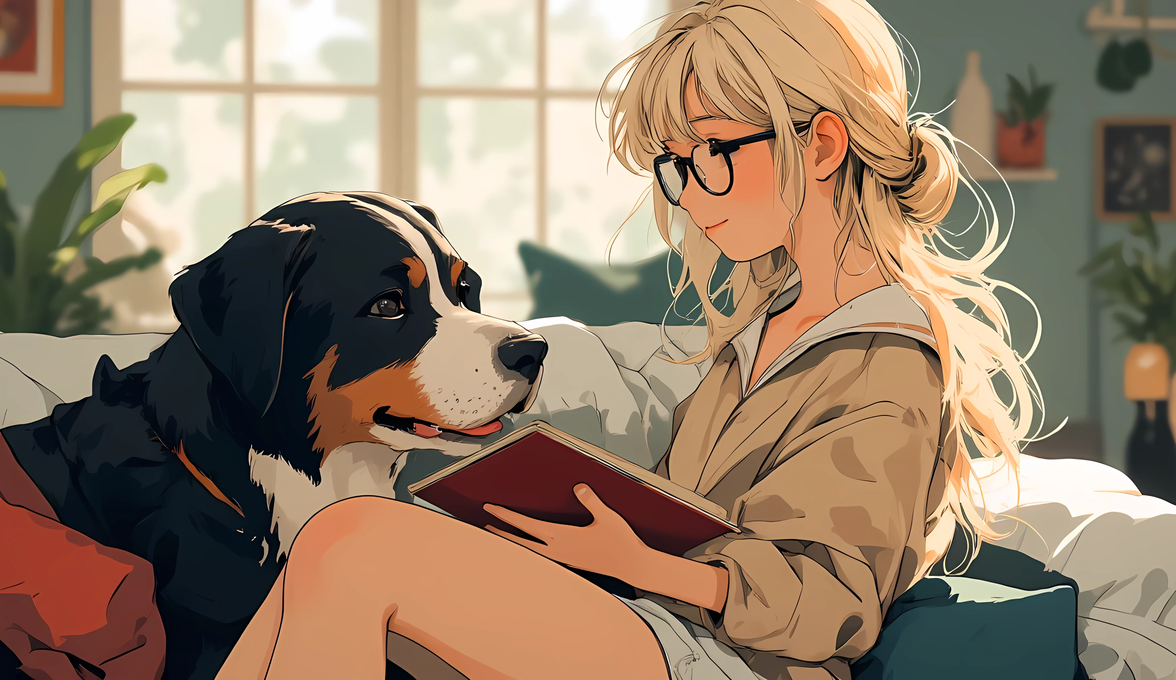 Anime-style, 16:9 mid-closeup of a cheerful blonde woman wearing reading glasses, hair in a low bun with loose strands, smiling with closed eyes while reading a book. She sits on a sofa with her Bernese Mountain Dog lying beside her, resting its head on a pillow. Cozy, blurred living room background with window light softly filling the frame.