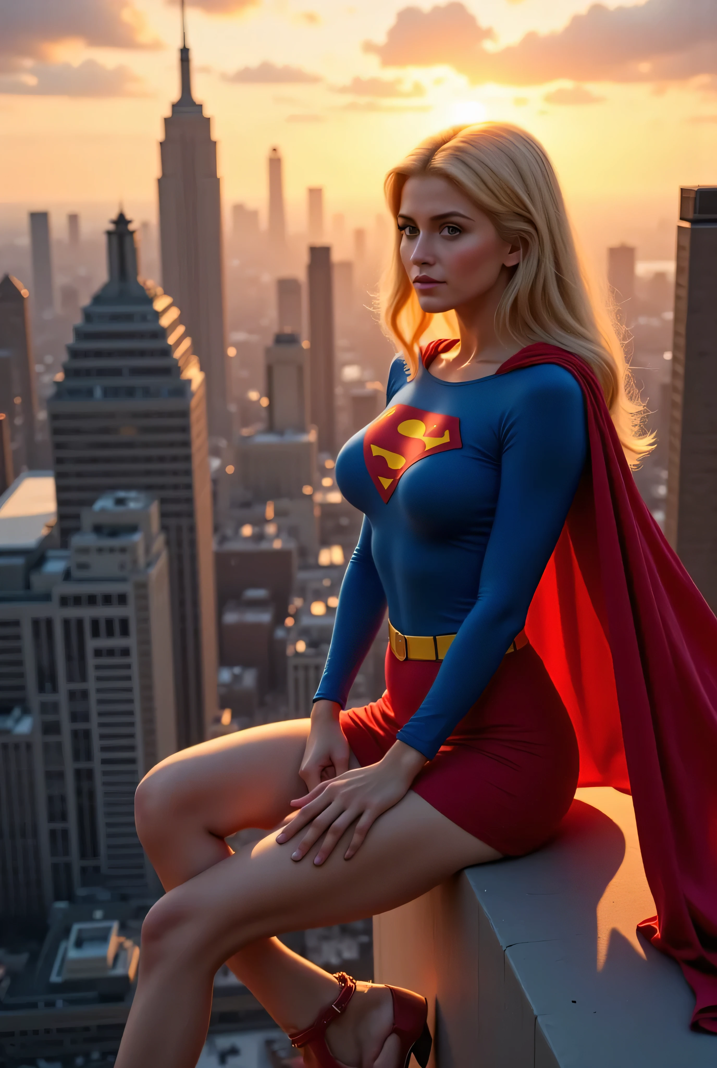 Supergirl and her lover sitting on the edge of a tall building at sunset, holding hands. Her face is shown in profile, full of warmth and peace, blonde hair catching the golden light. Wearing her 1970s outfit — blue long-sleeve top tightly fitted, red skirt moving in the breeze, cape draped over their backs like a shared blanket. Romantic, cinematic lighting and painterly cityscape. Full-bust silhouette subtly shown under the soft fabric.