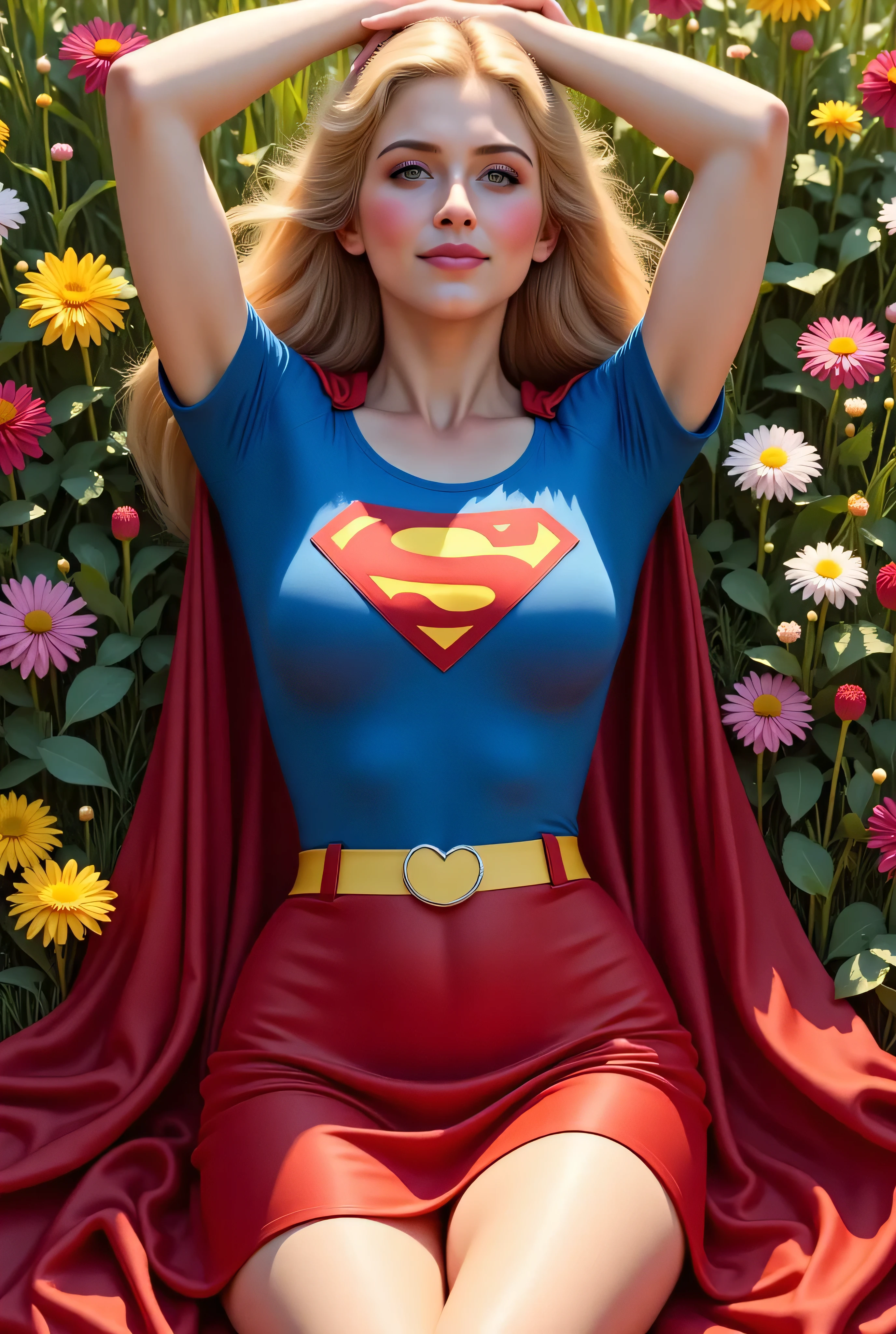 Supergirl laying on her back in a meadow full of flowers, arms above her head, smiling softly up at the sky. Her 1970s costume fits snugly — blue top rising slightly over her large , red skirt fluttering, cape spread around her like petals. Her face is fully visible, eyes closed peacefully, hair glowing gold in the afternoon sun. Gentle romantic realism, warm colors, peaceful nature.