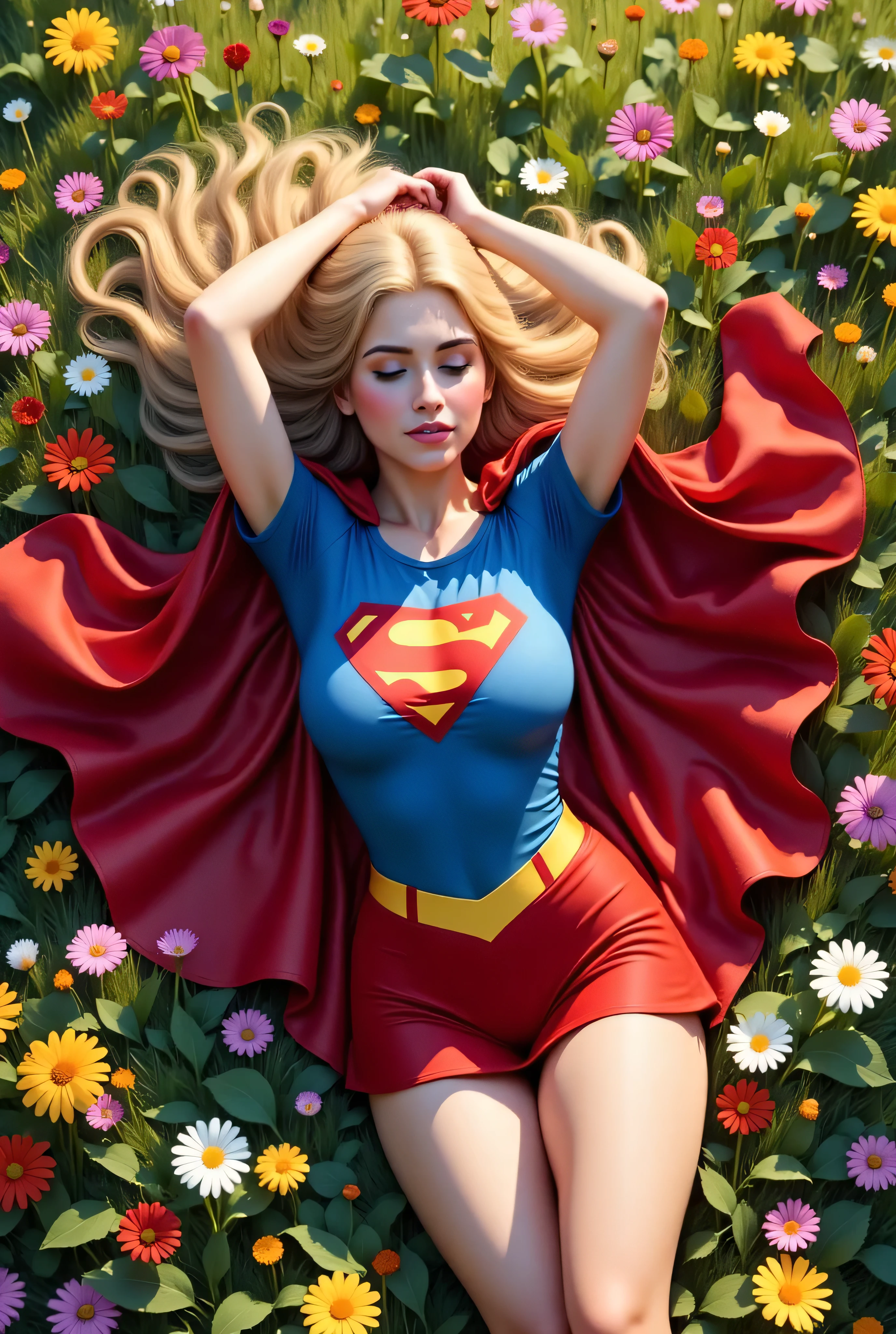Supergirl laying on her back in a meadow full of flowers, arms above her head, smiling softly up at the sky. Her 1970s costume fits snugly — blue top rising slightly over her large , red skirt fluttering, cape spread around her like petals. Her face is fully visible, eyes closed peacefully, hair glowing gold in the afternoon sun. Gentle romantic realism, warm colors, peaceful nature.
