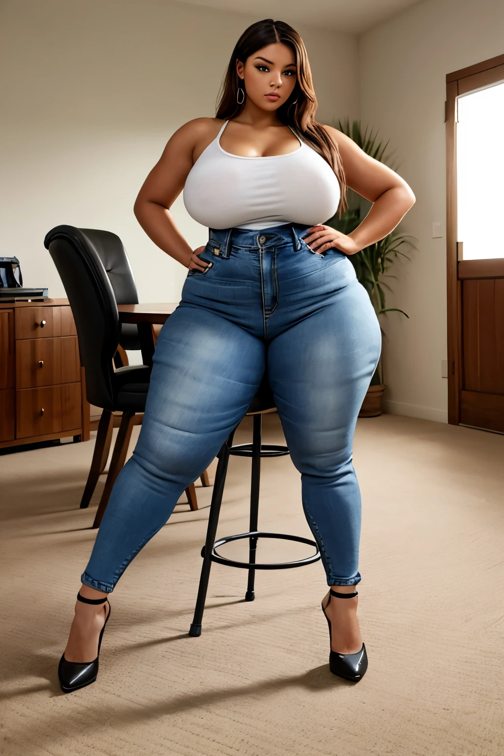 masterpiece, Highest quality, Naked female upper body, Low rise blue jeans, High Leg Le Plumty、Plump figure