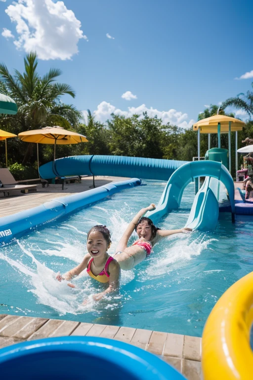 A realistic image of two young girls having fun at a water theme park. They are in a wave pool, laughing and enjoying themselves while floating on bright yellow duck-shaped inflatables. The sun is shining, water splashes around them, and the background shows colorful slides and other people having fun