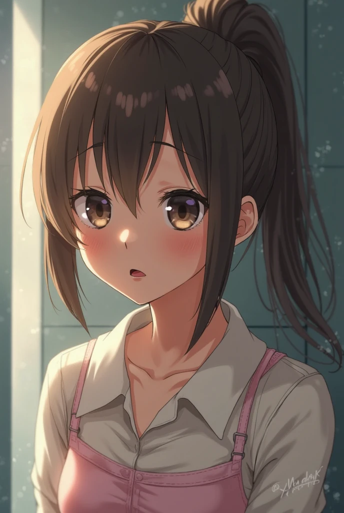 NSFW, (master piece, highest quality), one beautiful girl, Cover your breasts and crotch with your hands, full nude, nipples are visible, 16 years old, showerルーム, showerを浴びている, Fluffy pubic hair is visible, ((shower)), wide angle, best lighting, best shadows, (open your mouth a little), (surprised expression), looking away, Look away, low twintails, high ponytail, curl bob hair, a shy look, from behind