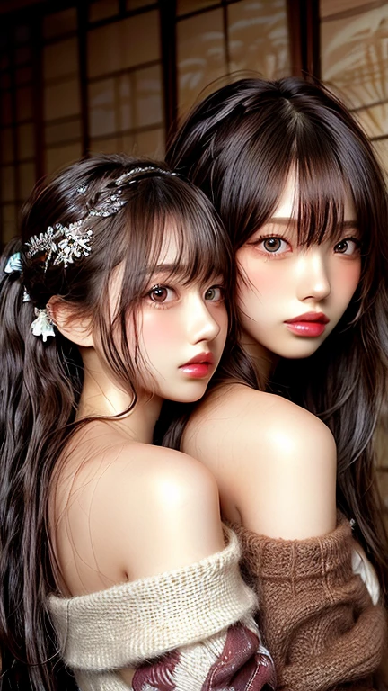 Two girls hugging and looking at each other,One has long black hair, Big breasts, And white lace underwear,One has short brown hair, Small breasts, and black lace underwear,tre anatomically correct,Accurately drawn face,Accurate Depiction Fingers,on the bed,​masterpiece,hiquality,
