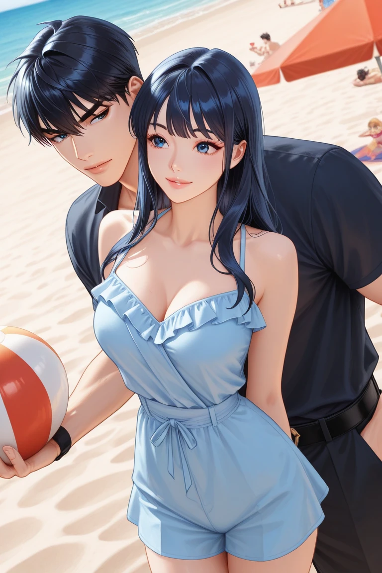 Duo, score_9,score_8_up,score_7_up, source_cartoon, source_anime, 2 people, and a tall thick light skin woman with long dark blue hair and brown eyes wearing a blue one piece swimsuit, a big black man with big penis, barefoot, woman having sex with man, woman in reverse cowgirl position, man is pulling on woman's hair, woman's eyes are rolled back, woman panting heavily, beach, nsfw