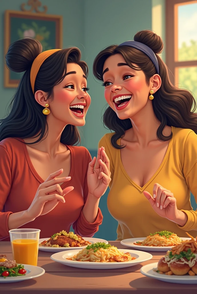 painting of three women laughing and holding a bowl of food, Very funny oil paintings, A particularly funny oil painting., !5 Three-eyed goddess, Satirical painting, three women, By Ni Yuanlu, By Nil Gleyen, beautiful drawings of friends, Three-eyed goddess, caricature, By Genco Gulan, By Fred Ludegens