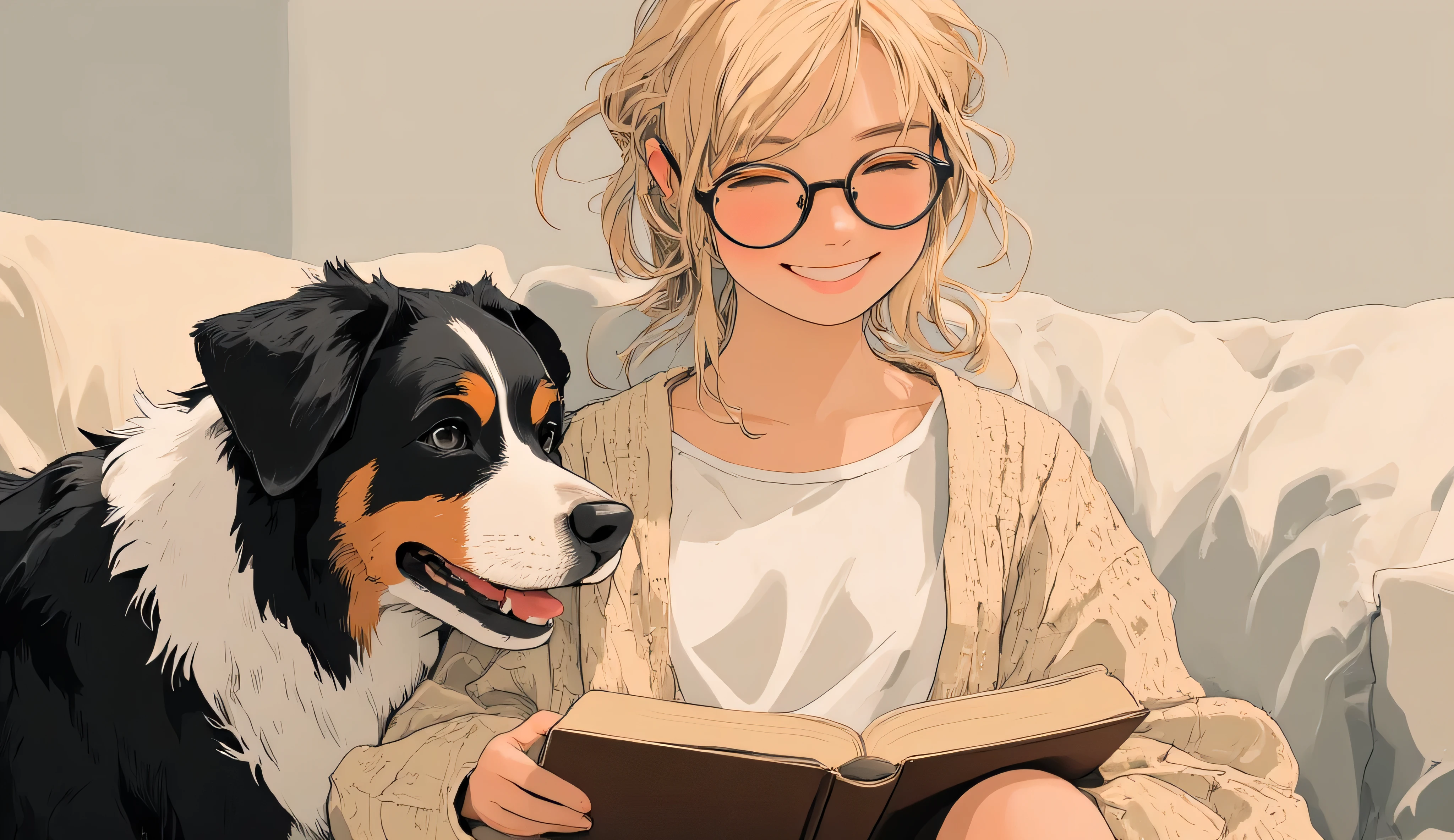Anime-style, mid-closeup of a cheerful blonde woman wearing thin reading glasses, hair in a low bun with soft strands framing her face, smiling with closed eyes while holding an open book. She wears a beige knit cardigan over a white tee. Her Bernese Mountain Dog rests its head on her lap, eyes relaxed and happy. Background: minimal cozy sofa and cushion blur.