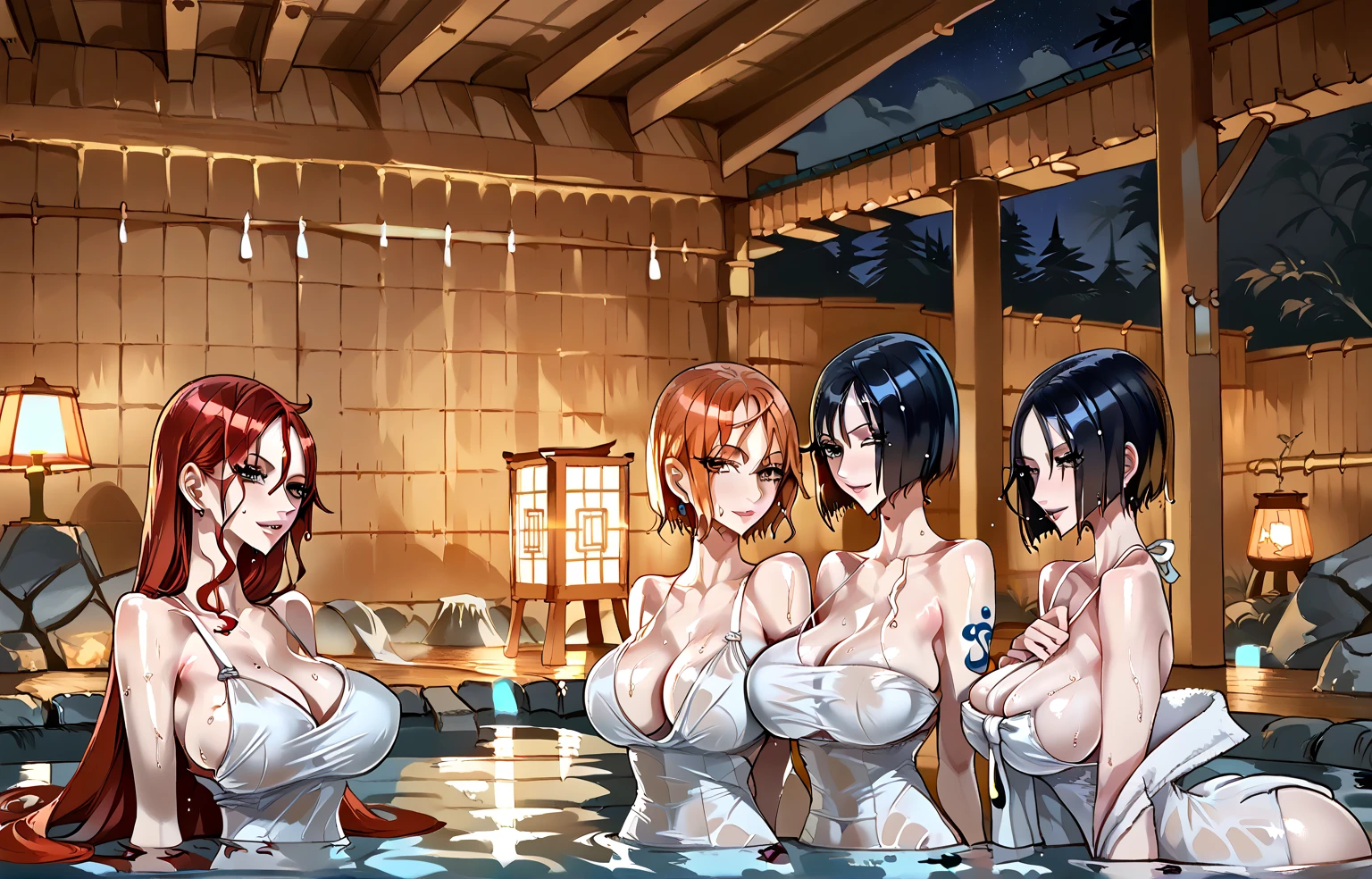 multiple thick body females characters hugging one male character, female characters wearing bra with bare breast hanging out nipples exposed, female characters evil smiles and blushing, male character nervously lauhgs, ((nsfw)), at onsen, all character wet from water
