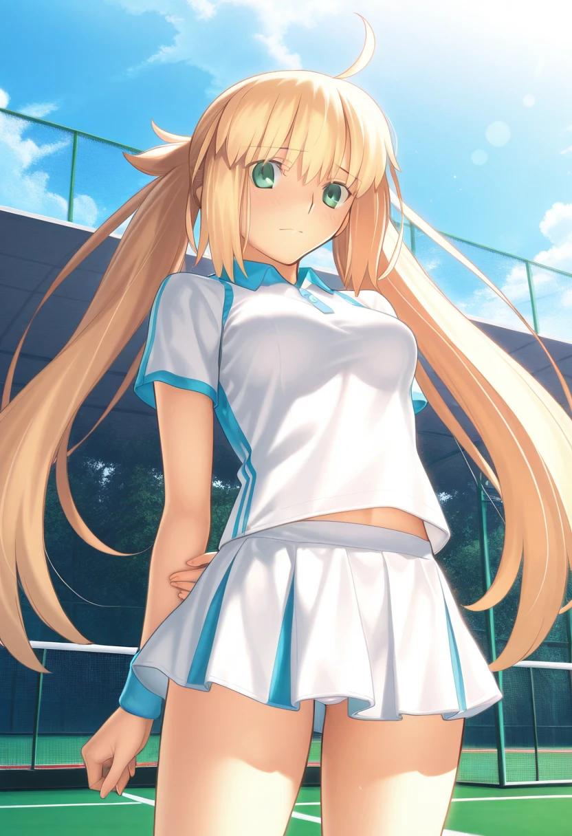 realistically, golden eyes, twintail, glowing eyes, golden hair, white short skirt, extra short skirt, Blush, daytime, Wet, see through, sleeveless shirt, armpit, nipples, pussy, embarrass, Sit with your knees raised, windy, yami, the skirt is turned up, highest quality, High resolution, highly detailed face, bare crotch, highest detailed CG, perfect hands, perfect anatomy, wind blow skirt up, medium breast