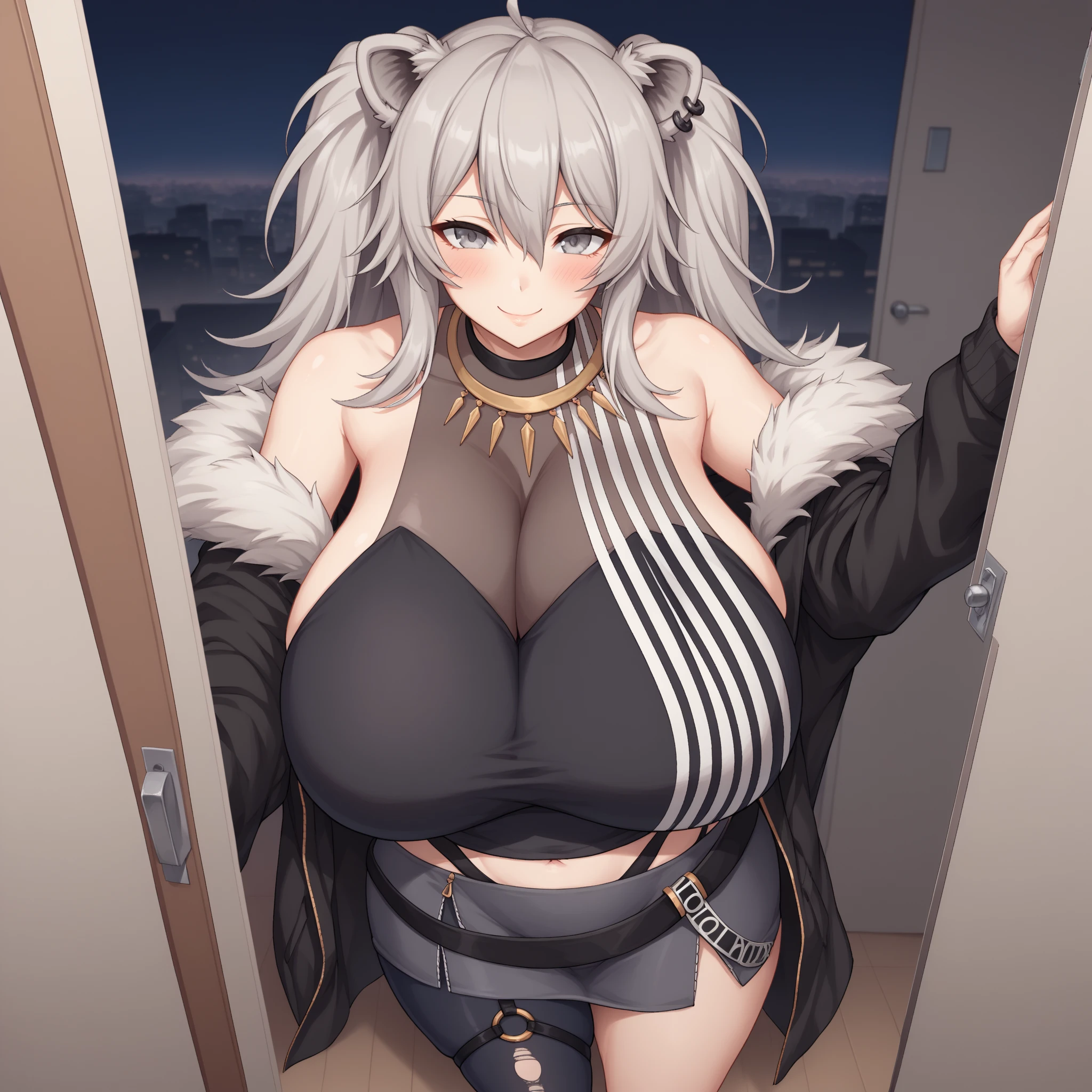 w_arknights, wide hips, torn clothes, massive hips, buttoned shirt, jean shorts, apartment, glass walls, big cleavage