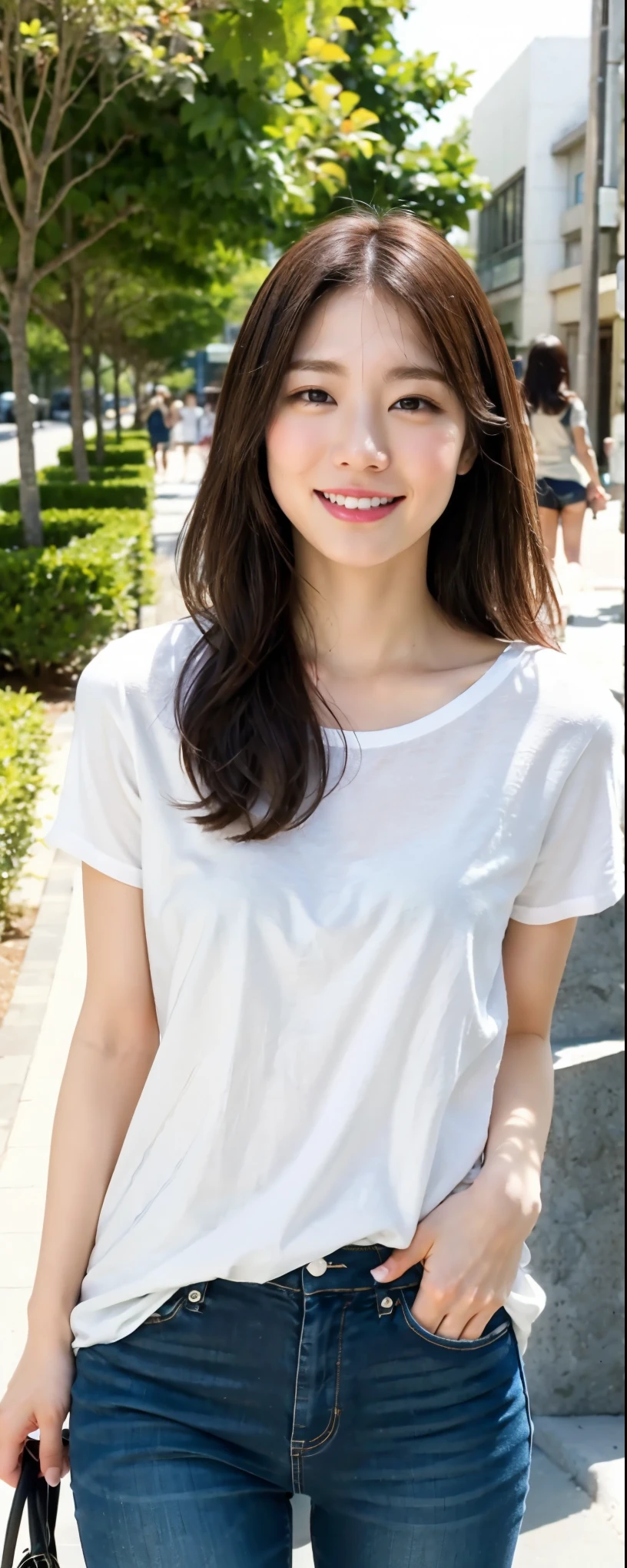 masterpiece, Best Quality, Illustration, Ultra-detailed, finely detail, hight resolution, 8K Wallpaper, Perfect dynamic composition, from front, Beautiful detailed eyes, Medium Hair, wearing pale color cotton pants:1.2, plain short sleeve shirt, (plain color cloths), Natural Color Lip, Random and poses,Smile, Aoyama Street Walk, 28 years girl