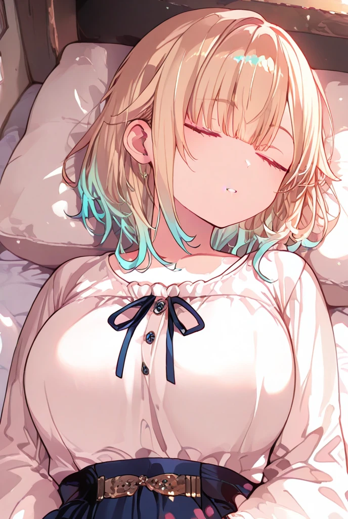 One girl,alone,dark_Blown_hair,Bob_hair,笑face,Light brown cardigan, Loose cardigan, White shirt, Cute Shirts, skirt, pleated skirt, brown skirt, plaid skirt, Thigh-high sleeves_past_wrist,crotch_rub,solo,breasts,explicit,nipples,masturbation,female_masturbation,lying,blush,open_mouth,navel,pussy,pillow,on_side,bottomless,on_bed,bed,bangs,bed_sheet,indoors,sensitive,questionable,general,expensive_solve, clear_image, expensive_Contrast, 8k, Sparkling, beautiful_detailed_face_and_eye, 白 eye
