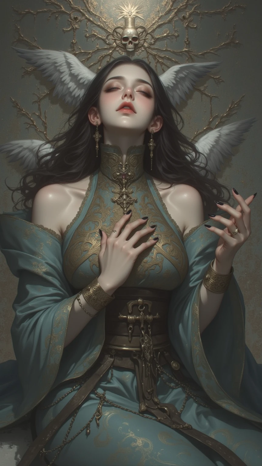 Brian Froud Style, Oil Painting, Chiaroscuro, Comic style, Although it has the body and head of a wolf、A hybrid creature with crow wings and tail, SUI (300 g cold pressed/m² cotton paper), Dynamic, Highly detailed, art  stations, Concept art, Smooth, Sharp Focus, Illustration, Art by John William Waterhouse, More works by Carl Larsson, Detailed cave background, 60-30-10 Color Rules, Warm tones, Rays of Light, Studio Lighting, Dimly lit background, Pastel colors