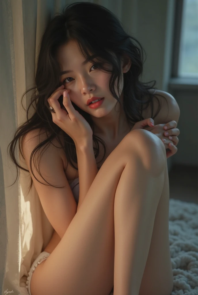 A girl with half her body crawling out of the photo frame