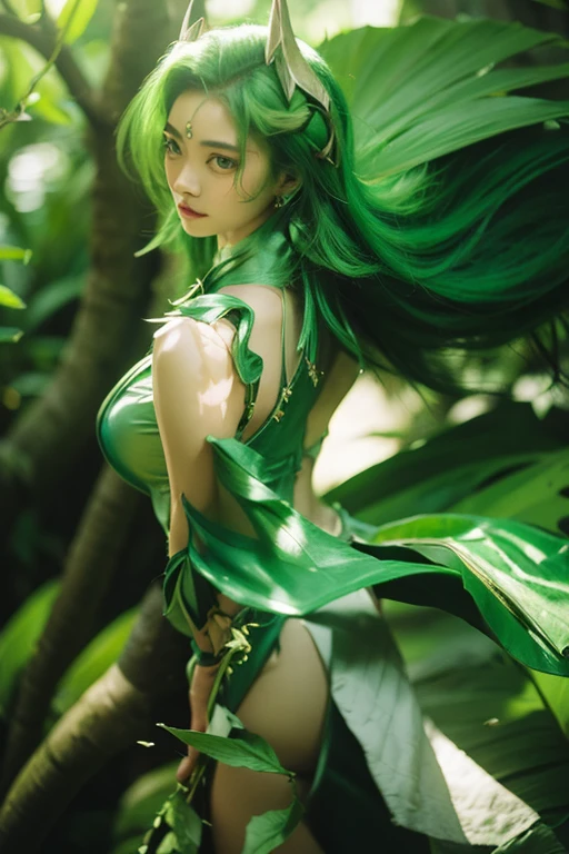 figure from head to toe of a girl with a green hair and big golden eyes with ouroboros-shaped handband, highly details, fantasy style, blurred stricks and spots in the background