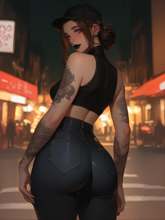 highly detailed portrait of 2 tatooed women, one black woman in a mini-dress and one Caucasian woman in a mini-dress, 2girls, by Atey ghailan, by greg rutkowski, by greg tocchini, by James gilleard, by Joe Fenton, by Kaethe butcher, voluptuous, super detailed face, ample curvaceous, highly detailed accentuated big booty with phenomenal detailed booty cheeks, great aesthetics, gradient purple, neon color scheme, grunge aesthetics, nightclub background, cinematic lighting, 32k, uhd,