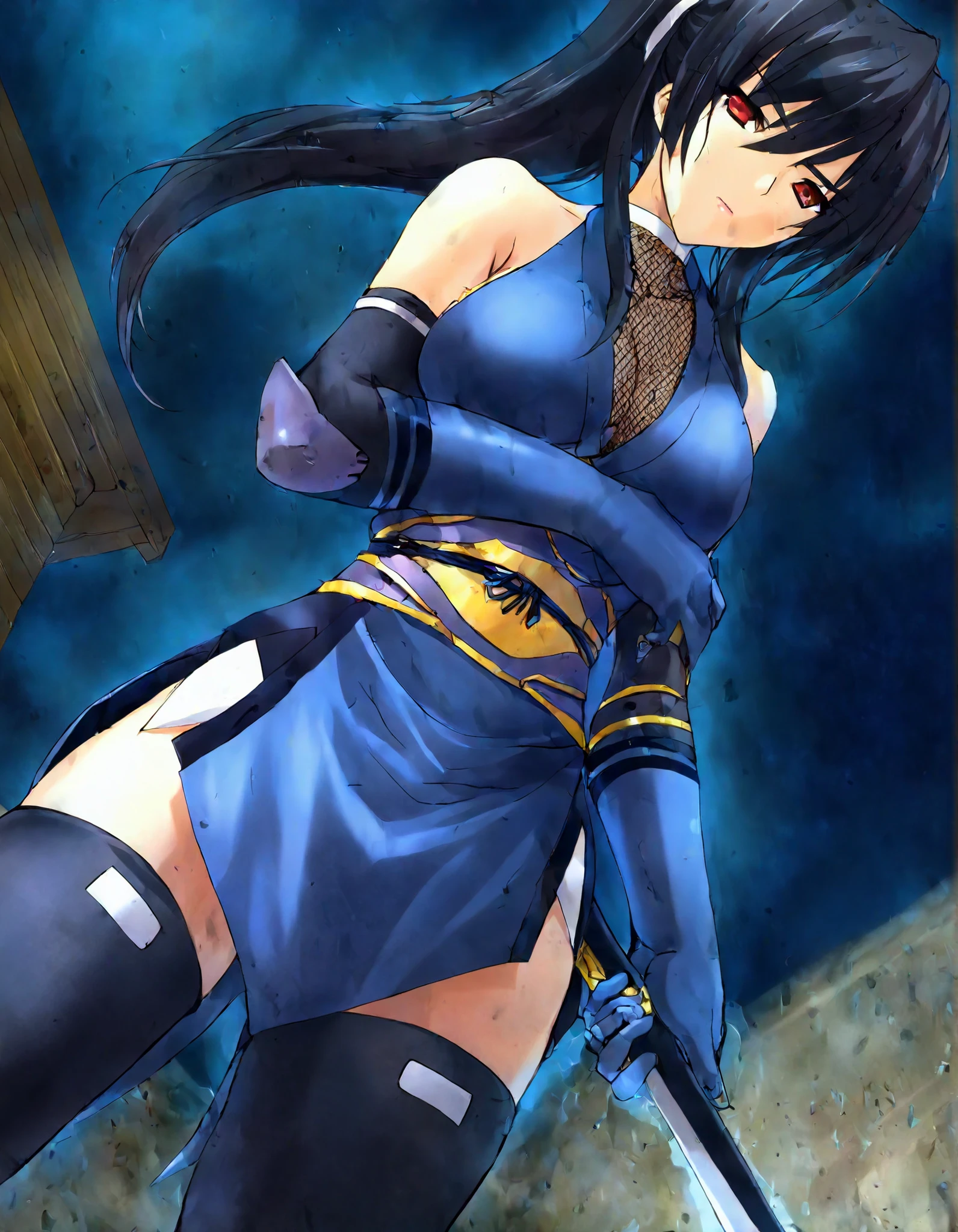 masutepiece, Best Quality, Pose leaning against wall，crouched，Crab crotch，Blue leotard，highleg, Elegant, 1girl in, thigh high boots, well-muscled，Cute, blushed, Looking at Viewer, From  above,, Mini skirt, White and black striped T-shirt, Blue eyes, Beautiful eyes, Beautiful background, light Particle, Sun rays, Dramatic Lighting, Outside, shiny, Realistic, masutepiece, Best Quality, Ultra-detailed, Detailed, Scenery, Beautiful detailed eyes, detailed hairs
