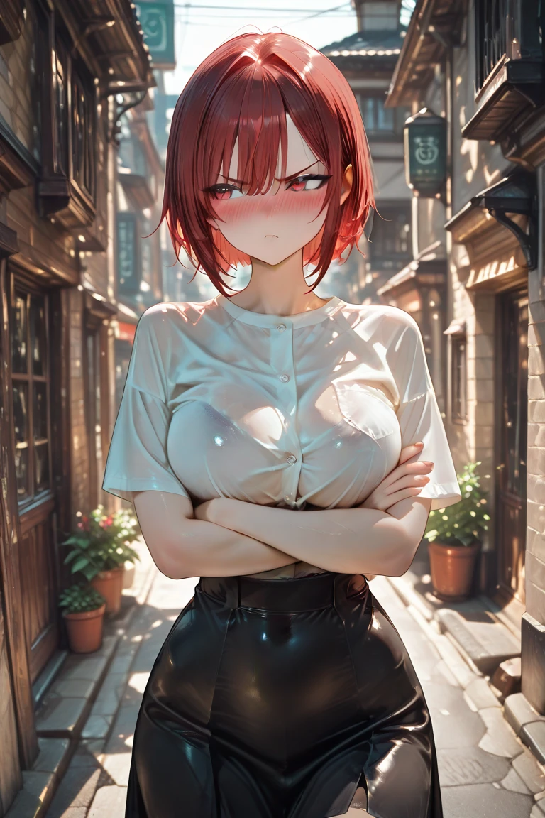 (1 woman:1.5,solo:1.5),
30 years old,
(very young woman:1.2),
(fit body:1.3),
(slender waist),
(slender leg),
perfect fingers,
nice hands,
perfect hands,
femenine hands,
good hands,
blurry background,
depth of field,
beautifully shaped nose,
break,
(shoot from front:1.35),
break,
(gyaru theme:1.4),
break,
(choker)
see-through,
break,
tied blouse with short sleeves,
(white blouse:1.4),
cleavage,
collarbone,
break,
highleg shorts,
micro denim skirt,
Fishnet tights,
(black fishnet tights:1.4),
butterfly hair ornament
break,
standing,
(arms behind back:1.3),
head tilt,
(side bent:1.5),
(upperbody:1.1),
break,
(beautiful detail eyes:1.4),
(ivory blue eyes:1.4),
model,
break,
extremely detailed hair,
(short hair:1.3),
(straight hair:1.3),
shiny hair,
(pixie cut),
(crimson hair with light red tips hair:1.4),
(blunt bangs),
break,
(MEDIUM HUGE BREAST:1.1),
(GIGANTIC HUGE HIP:0.6),
saggy breasts:1.2,
pendulous breasts,
realistic breast physics,
(hanging breasts),
break,
(pale skin:1.1),
(gleaming skin:1.3),
(sweat:1.1),
weat:1.3,
oily skin,
shamefull,
(blush,smile:0.8),
break,
(masterpiece),
(best quality),
(very high resolution),
(professional anime),
beautiful lighting,
super fine illustration,
insanely detailed,
beautiful detailed,
beautiful detailed face & eyes,
beautiful detailed body,
beautiful detailed skin,
8K,
beautiful girl,
pretty girl,
(depth of field:1.3),
break,
noon,
sunlight,
outdoors,
Spain,
Barcelona,