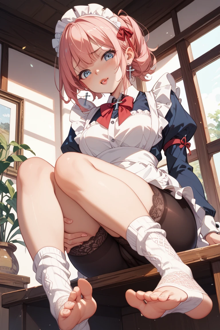 Realistic image, detailed image, 1 elf. She has silky pink hair, blue-green eyes. She wears a bolero with a short shirt. pleated miniskirt and sneakers. Medium breasts, narrow waist, wide hips and thick thighs. smiling. posing sensually. Arched back. View from below. Thong view. White background. Uniform background. Volumetric light. Ambient light.