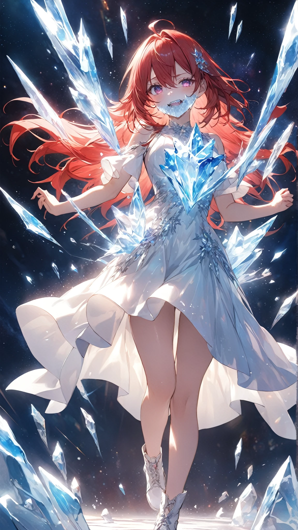 一张魅力photo, 一名精英模特whole body被火覆盖，Walking on an icy catwalk, An elite female model with extraordinary charm, ((whole body: 1.5)),  ((Anatomically correct: 1.5), (Extremely detailed face: 1.2), best detail face, Orange Hair, Long hair, Thick hair, charming hairstyle, blue eyes, Delicate face, Light makeup, in a delicate dress, Charm Dress, Haute couture dresses, Elite Fashion Apparel, Fire Demon AI,  Small cracks, wear high heel shoes, Elegant heels, She wears a diamond necklace, She is covered in fire, She walked on the cold catwalk, Image of reflection in iceIceMagicAI, Energetic, Surreal style, Energetic, 超high resolution, High contrast, (masterpiece:1.5), best quality, Best aesthetics), The finest details, best quality, high resolution, Ultra wide angle, 16K, [Extremely detailed], masterpiece, best quality, (Extremely detailed) Raw, Money basket art style, photo, photo
