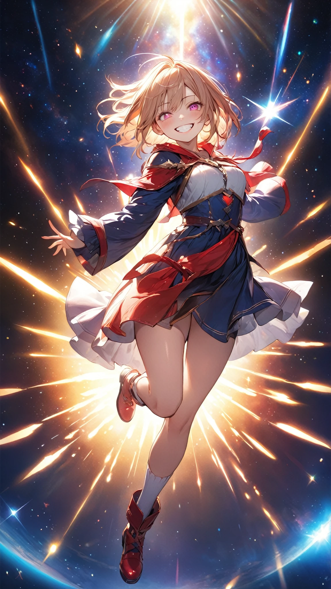 (((1girl))), ((best quality)), ((masterpiece)), ((ultra-detailed)), (illustration), (detailed light), (an extremely delicate and beautiful), (beautiful detailed eyes), (sunlight), ((extremely light)), ((extremely clothes)), (((hyper detail))),(((((front lighting))))),(((((front light))))),
((((quite adorable and sexy Wizard's robe with a blous, vest and a brief skirt and magical hairband))), (((Expert Wizard))),
,
(((wavy short manish bob))), ((((yellow gold hair)))), (((short hair))),
(((deep red eyes))),
((((whole body)))), aged 14 to 16, ((((())))), ((((very adorable young girl)))),
((condescending expression)), ((mischievous smile with sexual satisfaction)), (((extra adorable))), (((((extra slender shape))))),
(((((extremely beautiful detailed face))))),
(((dynamically and bravely attacking enemies by a spell of storm of stones))), (((elegant magic boots))), (((surrounded by vast stones))),
(Dutch angle), (((elegant magic gloves))), ((transparent magical underskirt)), a little bit exposed adorable magical panties