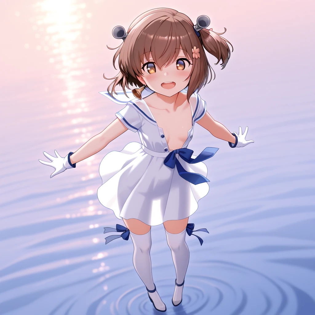 a lady,strange art,crazy,A little twist,difficult to understand,beauty,grace,Ahead of time,Weird,soothing，brown hair,background，issue card，maid outfit，Clothes with aqua blue as the main color，gentle，water blue eyes，good body shape，Smile，beauty，Navel exposed，Navel charming,prominent figures,artwork,clear
