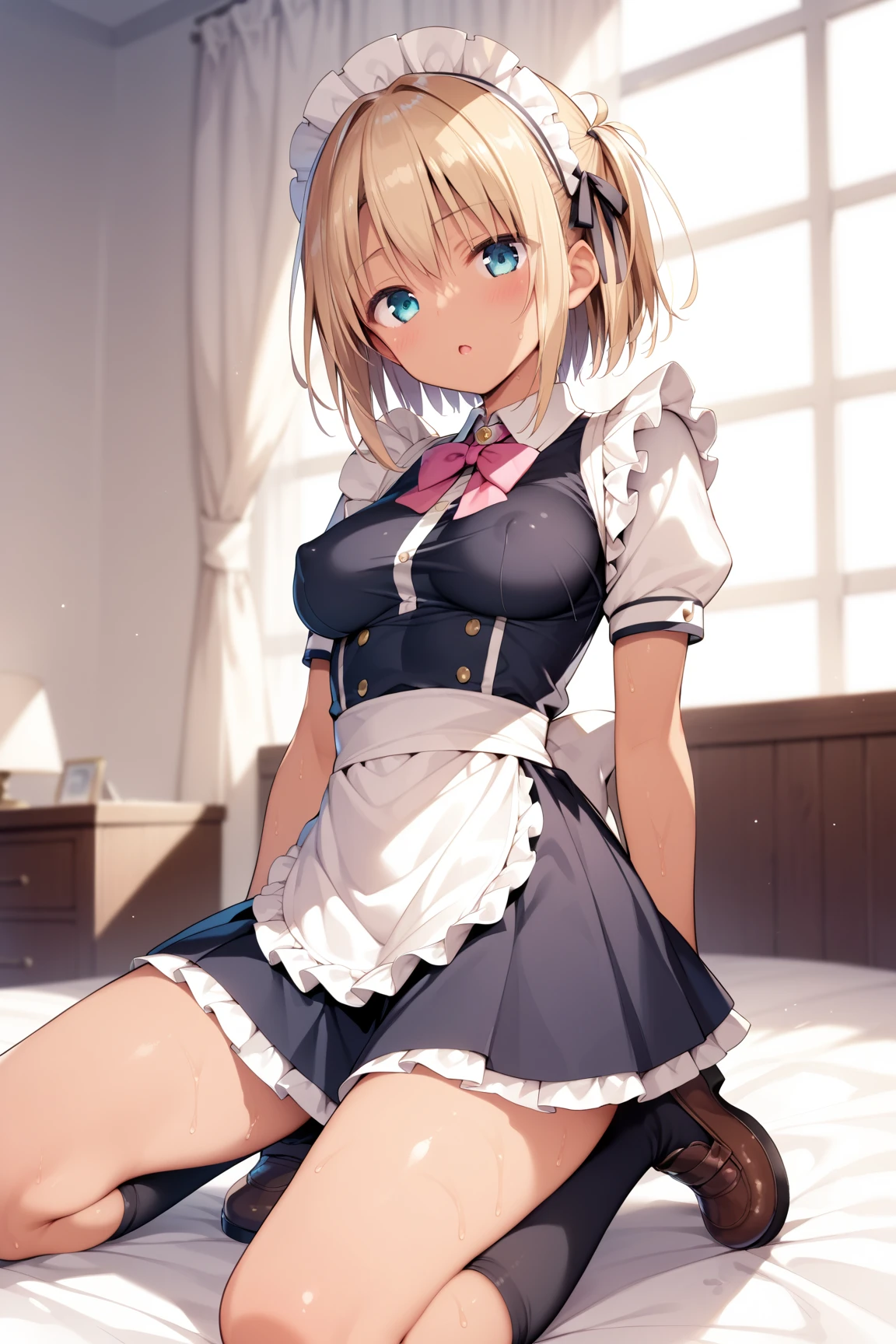 masterpeace, best quality, highres, 1girl, hayasaka ai, solo, blonde hair, maid, blue eyes, side ponytail, hair scrunchie, hair ornament, blue scrunchie, maid headdress, apron, hair between eyes, , long sleeves, bangs, white shirt, black dress, sidelocks, maid apron, black pantyhose,  cowboy shot, masutepiece, Best Quality, Illustration, Ultra-detailed, finely detail, hight resolution, 8K Wallpaper, Perfect dynamic composition, Beautiful detailed eyes, Natural Lip,Blazer ,Collared shirt, cleavage, ((skirt lift by yourself))),(lifted by self),(Showing panties),panties on,panties focus,((Sit up,spread legswide))、show me panties、Open your eyes、looking at the viewers、provocative smiling、huge smile、Smile big、Provocation by spreading legs and showing panties、((Sit up,spread legswide、Spread your legs wide、Spread your legs wide、Show me your panties、Open your  to show off your panties.、Show me your panties、Do fancy nails