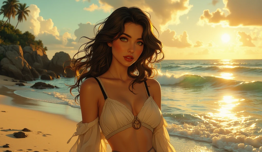 Eva, la primera mujer, He was the personification of physical perfection and natural grace. Her skin had a warm and radiant tone., as if constantly bathed in the soft, golden light of the sun. Era suave y tersa, libre de imperfecciones, and emitted a subtle glow that reflected its vitality and eternal youth.

Su cabello, largo y abundante, fell in natural waves to her waist. It was a dark brown color., almost like the fertile land of Paradise, con reflejos que brillaban al sol como hilos de oro. A menudo lo llevaba suelto, permitiendo que el viento lo meza suavemente y se enrede juguetonamente entre las flores y hojas que encontraba a su paso.

Sus ojos eran grandes y expresivos, of a deep and changing color that could recall the green of the meadows, the blue of the sky or the amber of the sunsets, depending on the light and your mood. Insatiable curiosity and innate wisdom were reflected in them., como si pudieran ver y comprender la esencia misma de la vida.

Las cejas de Eva eran delicadamente arqueadas, accentuating the expression of your eyes and giving a perfect frame to your face. His nose was small and straight, in harmony with his soft and well-proportioned features. Los labios, llenos y rosados, siempre estaban curvados en una sonrisa serena y dulce, reflecting the inner peace and joy he felt in his heart.

Su cuerpo era esbelto y bien proporcionado, with an elegant and graceful silhouette. Every movement of his was a dance of harmony and balance, demostrando una fuerza sutil y una agilidad innata. Sus brazos y piernas, esculpidos con delicadeza, They showed a combination of softness and firmness, symbolizing the perfect union of strength and femininity.

Eva dressed with simplicity and naturalness, adorned only by what nature offered: una corona de flores frescas, a belt of woven leaves or a light cloak made of petals. Her clothing only highlighted her natural beauty., sin ocultar ni exagerar 