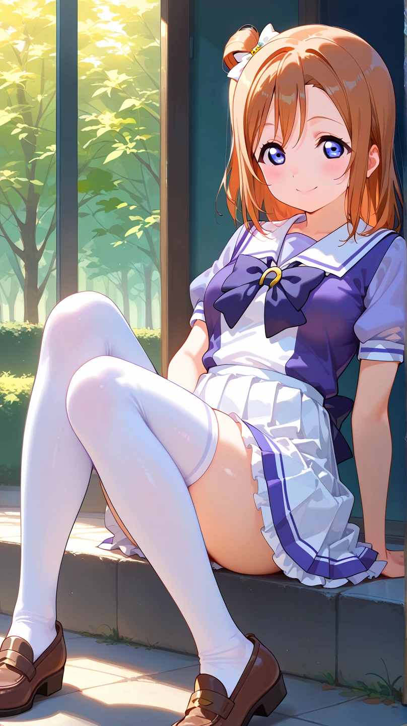 masterpiece, highest quality,Super detailed,girl,Happy,smile,rin hoshizora outdoor fence,open your mouth,uniform,mini skirt,white underwear,NSFW,small breasts,random angle,Undressing,blush,Squat down and spread your legs wide open.,peace sign