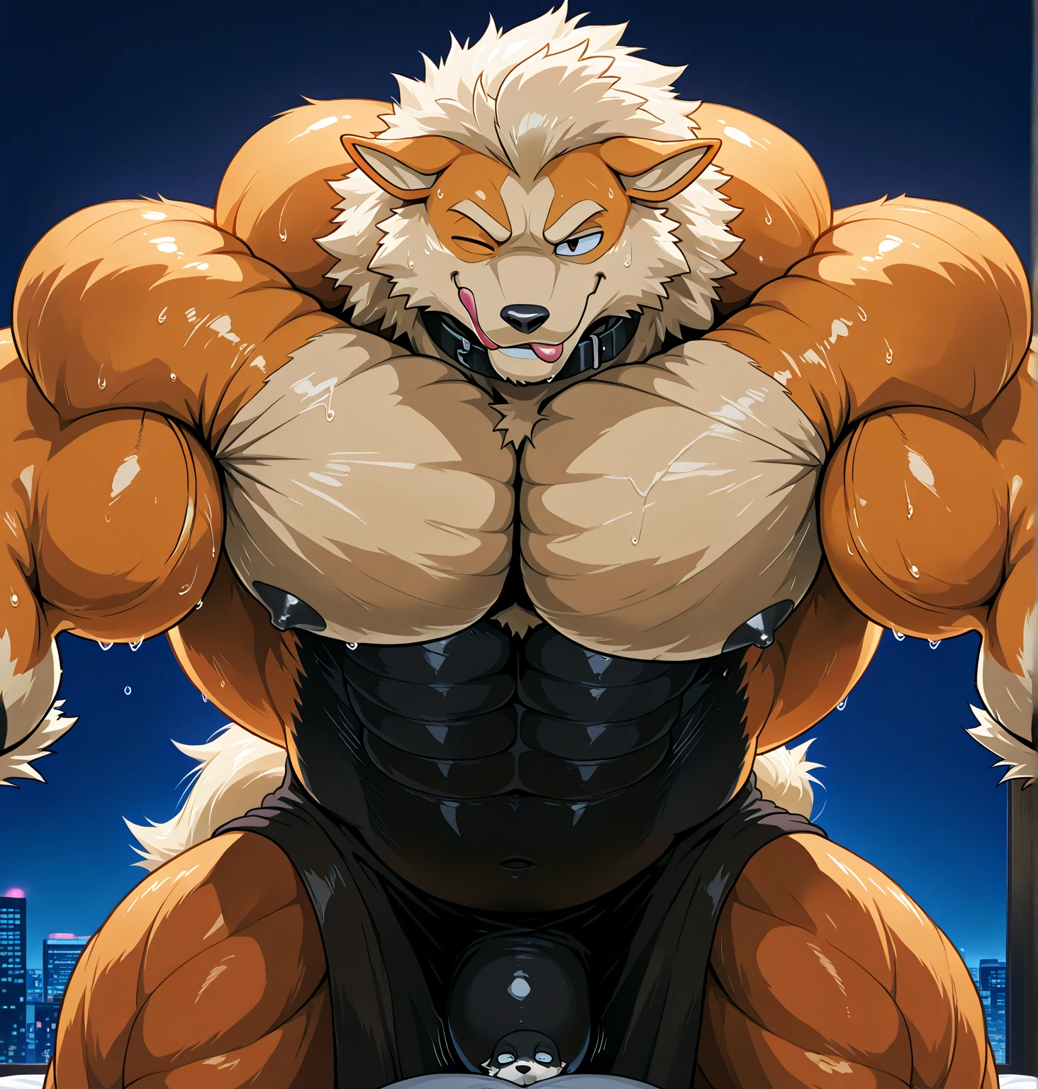 front page, high resolution, Superior quality, Best Quality, paid reward available, incomparable masterpiece, perfect work of art, absurdities, High quality illustrations, absurdities, perfect anatomy(good 1 guy, kemono, Muscle man)(furry, furry anthro:1.7)(cuerpo furry, Animal facial features, Characteristics of the animal body)(highly detailed body fur)SMILE, portrait, cinematic lighting, Full nude big penis