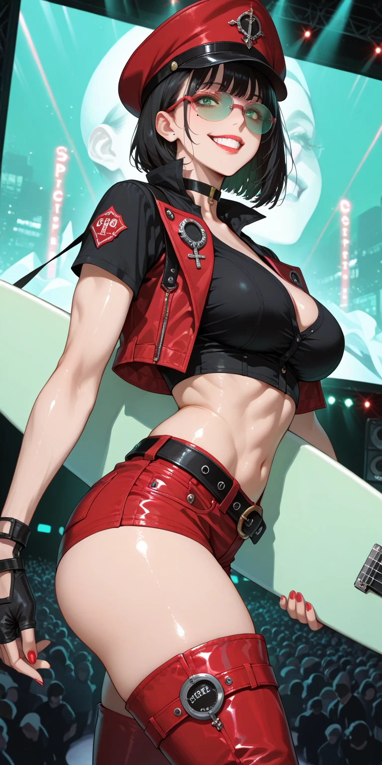 woman, grin, curly red pixie cut hair, green eyes, mascara, wearing crop top black shirt, long black jacket, red plaid skirt, (black knee high boots), black fingerless gloves, exposed shoulders, large breasts, thick thighs, freckles, cleavage, abs, looking at viewer, masterpiece, best quality, Holo-Punk Style, in the city at night