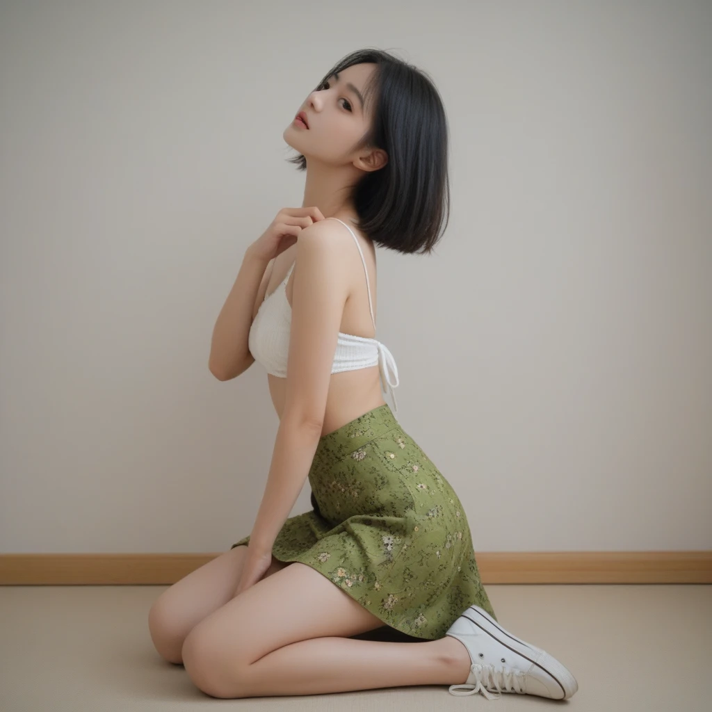 Tatsumaki from one puch man, green hair, sitting legs crossed, curvy body, wearing simple black flats, skirt, entire figure, no background, focus on flats